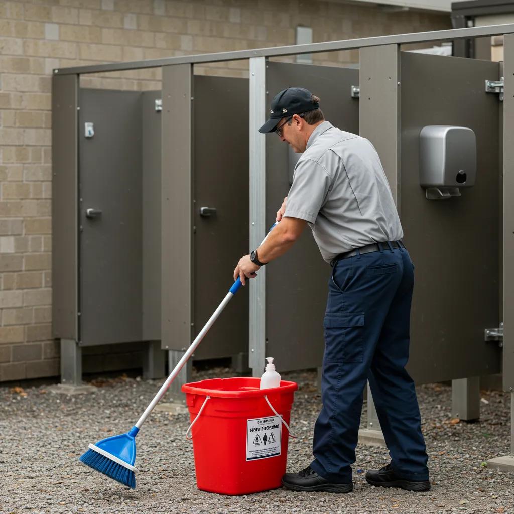 Campground staff member cleaning restroom facilities with professional-grade supplies and visible cleaning logs