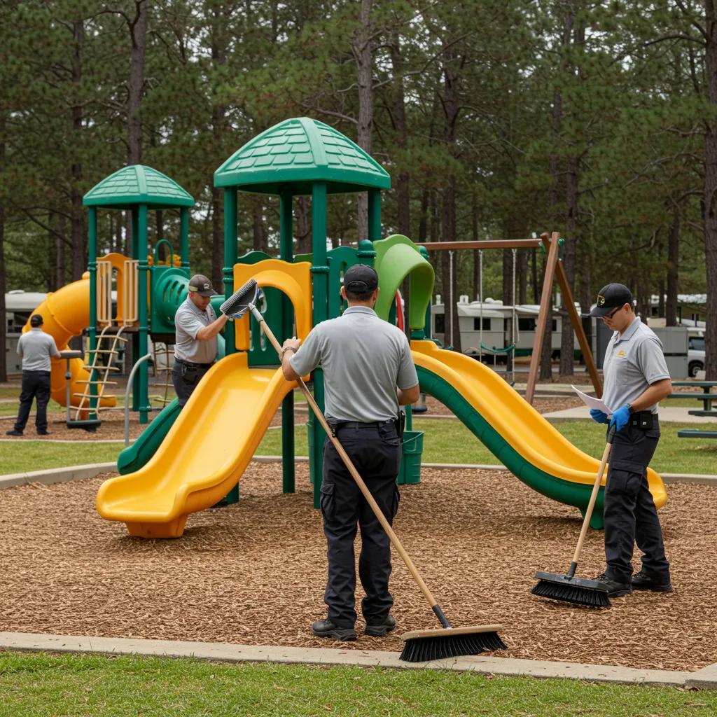 Campground staff performing maintenance tasks to ensure cleanliness and safety