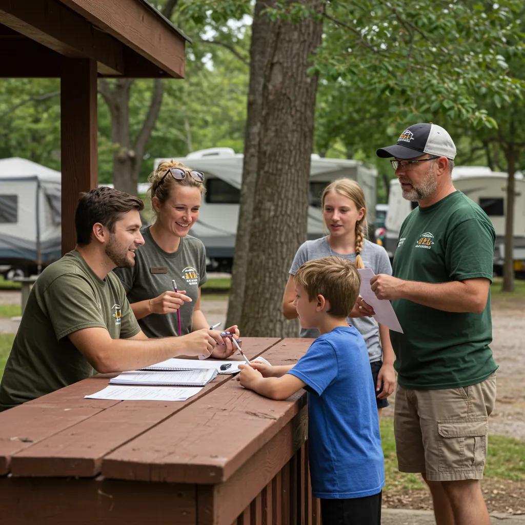 Campground staff providing friendly service to families at Walnut Hills, enhancing the guest experience