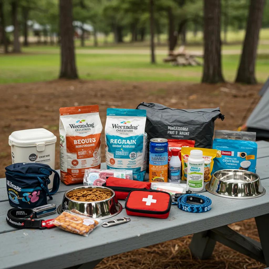 Camping checklist for dogs with essential items on a picnic table at a campground