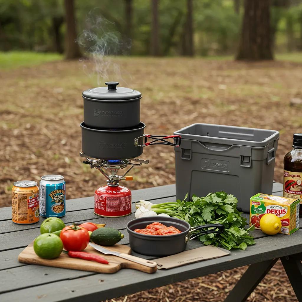 Camping cooking gear including a camp stove, cookware, and a cooler in a natural setting