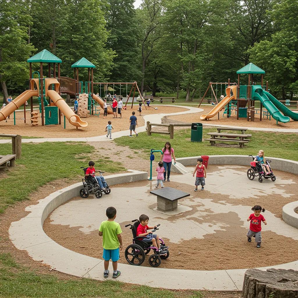 Children and families enjoying inclusive recreational activities at Walnut Hills, featuring accessible playgrounds and water park