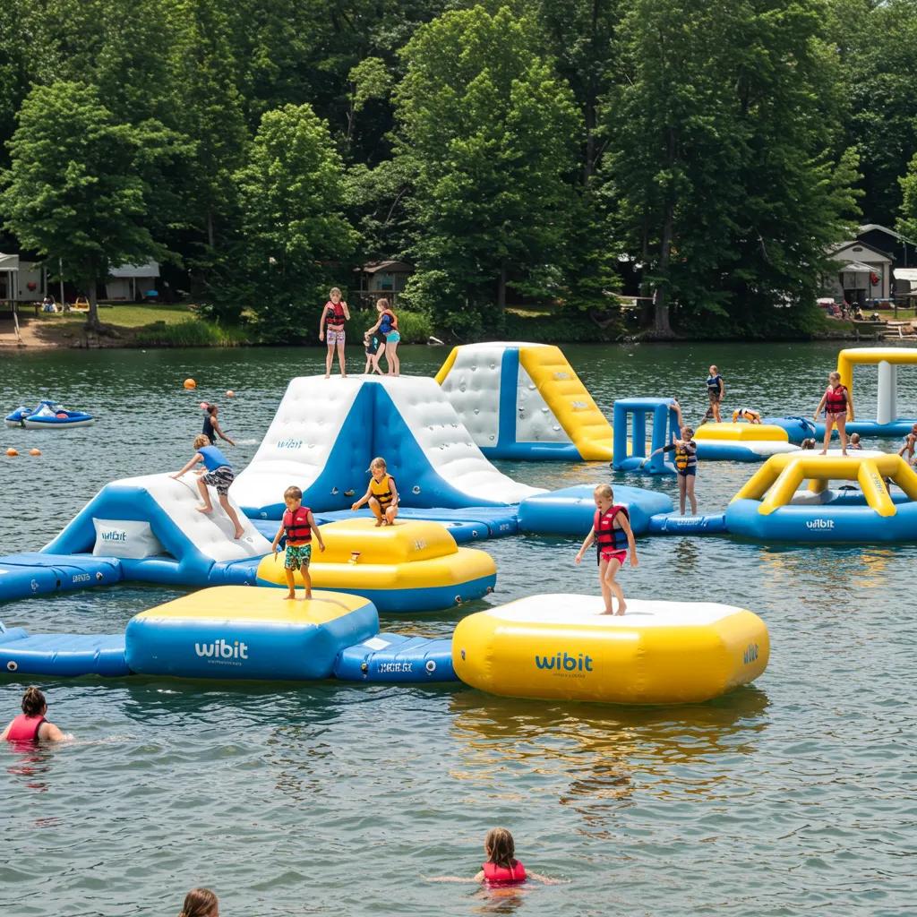 Children and families enjoying the Wibit water park at a campground, highlighting fun water activities