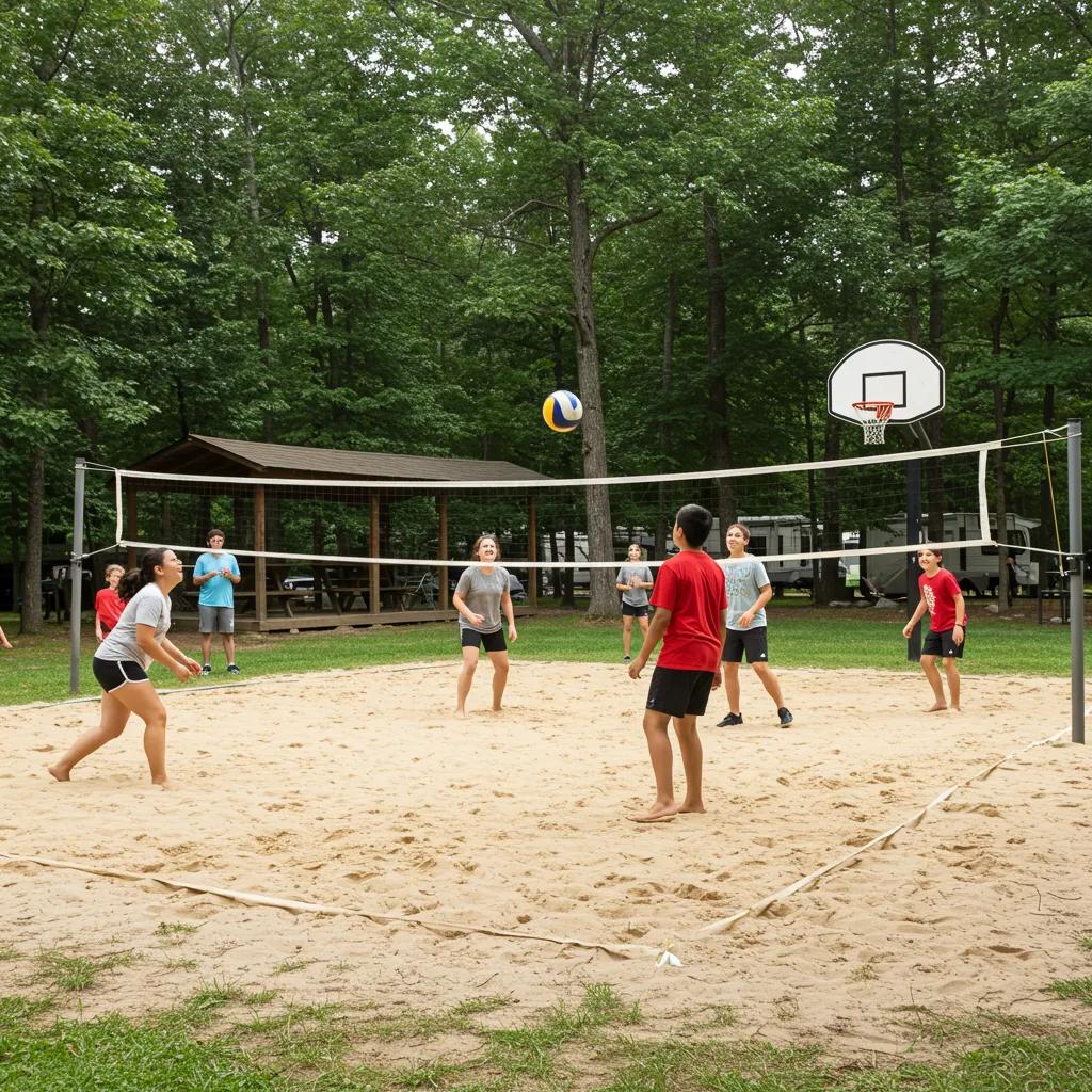 Children and teens playing land sports at a campground, showcasing volleyball and basketball activities