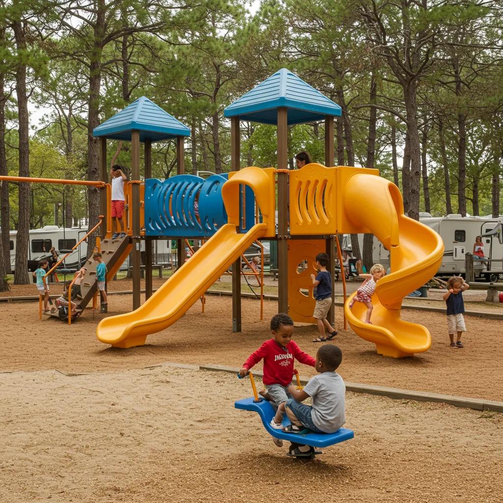 Children enjoying a playground at a family-friendly campground, with parents supervising and a lake in the background