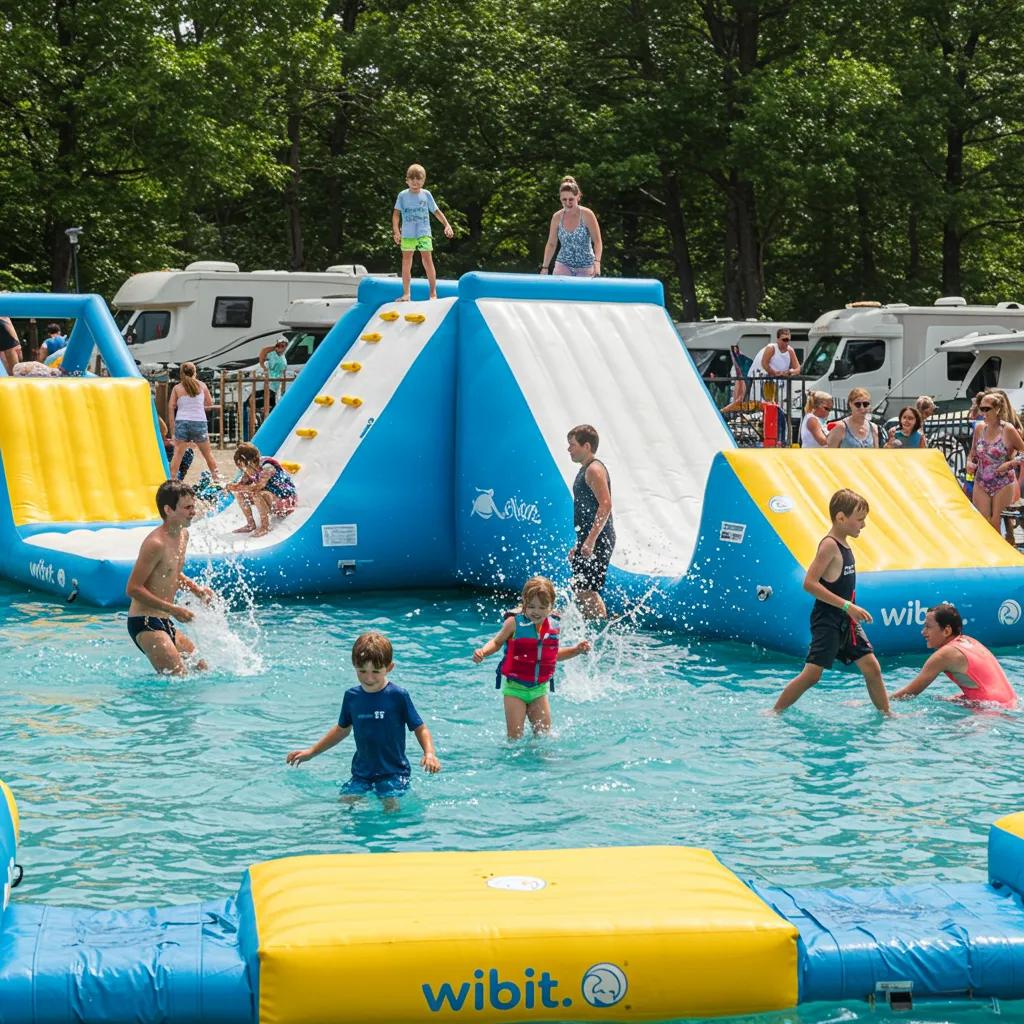 Children enjoying a Wibit inflatable water park at a family campground in Michigan