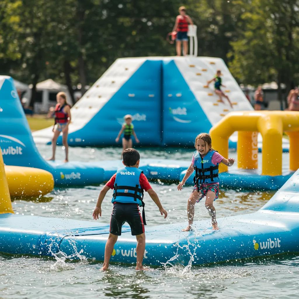 Children enjoying a Wibit water course at a family campground