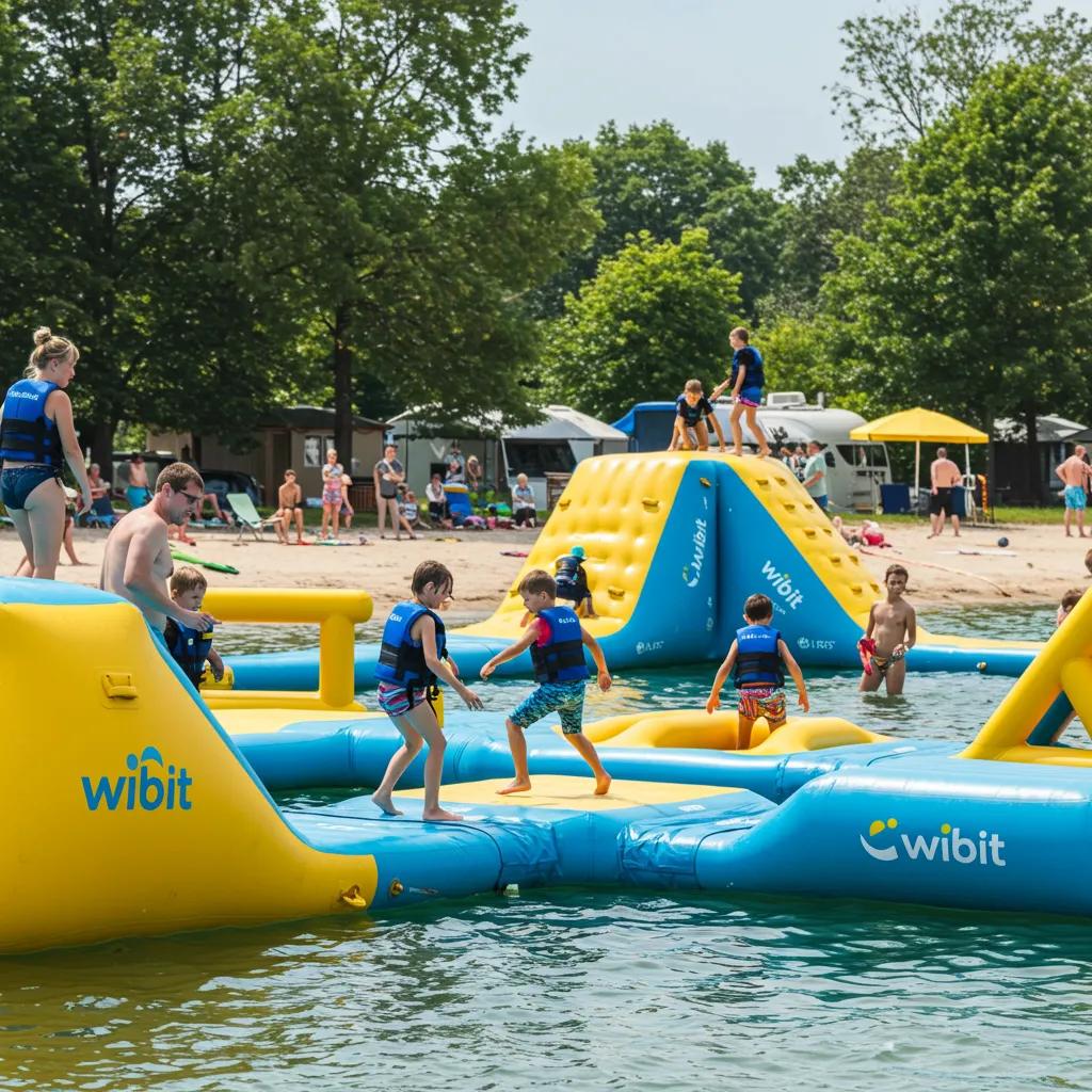 Children enjoying a Wibit water park at a family campground