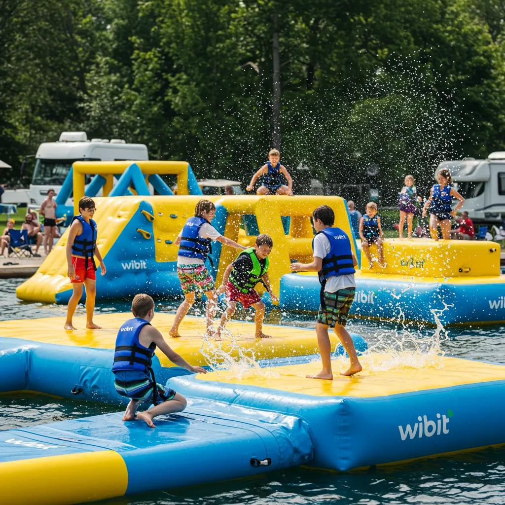 Children enjoying a Wibit water park at a family campground