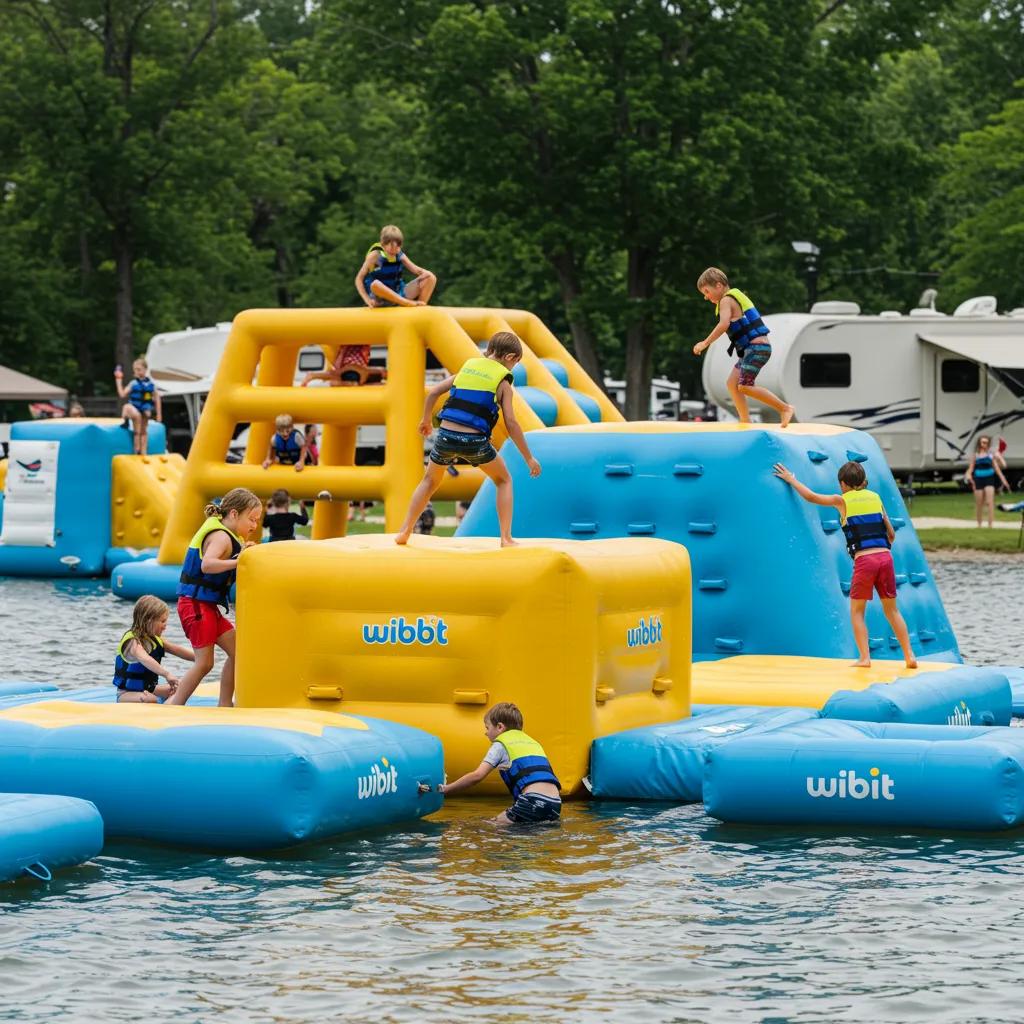 Children enjoying a Wibit water park at a Michigan campground with inflatable obstacles