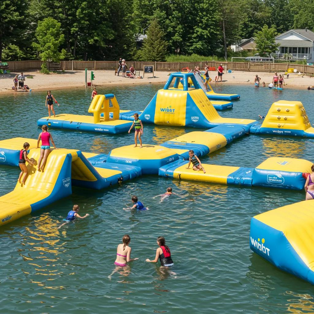 Children enjoying the Wibit water park at Walnut Hills, showcasing family-friendly fun and safety measures