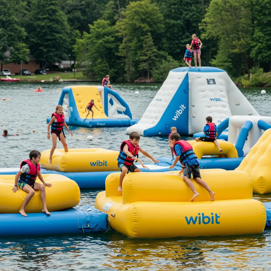 Children having a blast at the Wibit water park with inflatable obstacle courses, showcasing family fun and safety