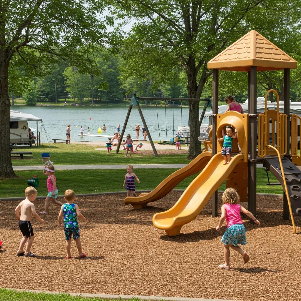 Children playing at a campground playground with a swimming lake in the background