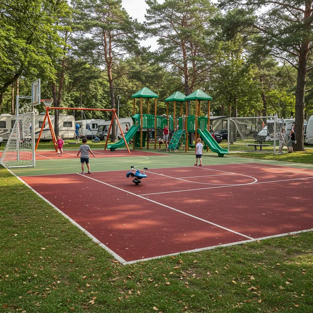 Children playing at a well-maintained playground in a campground