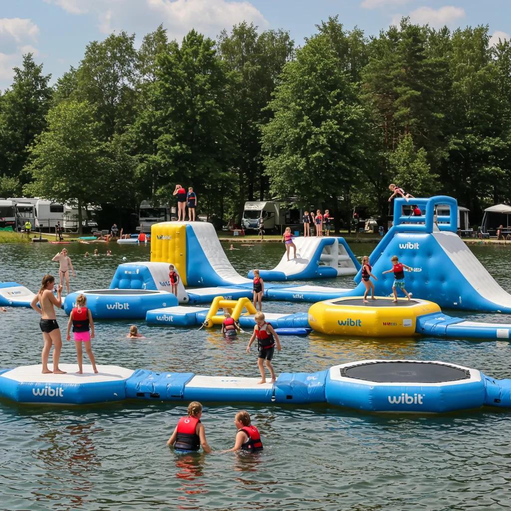 Children playing on a Wibit inflatable water park at a Michigan campground