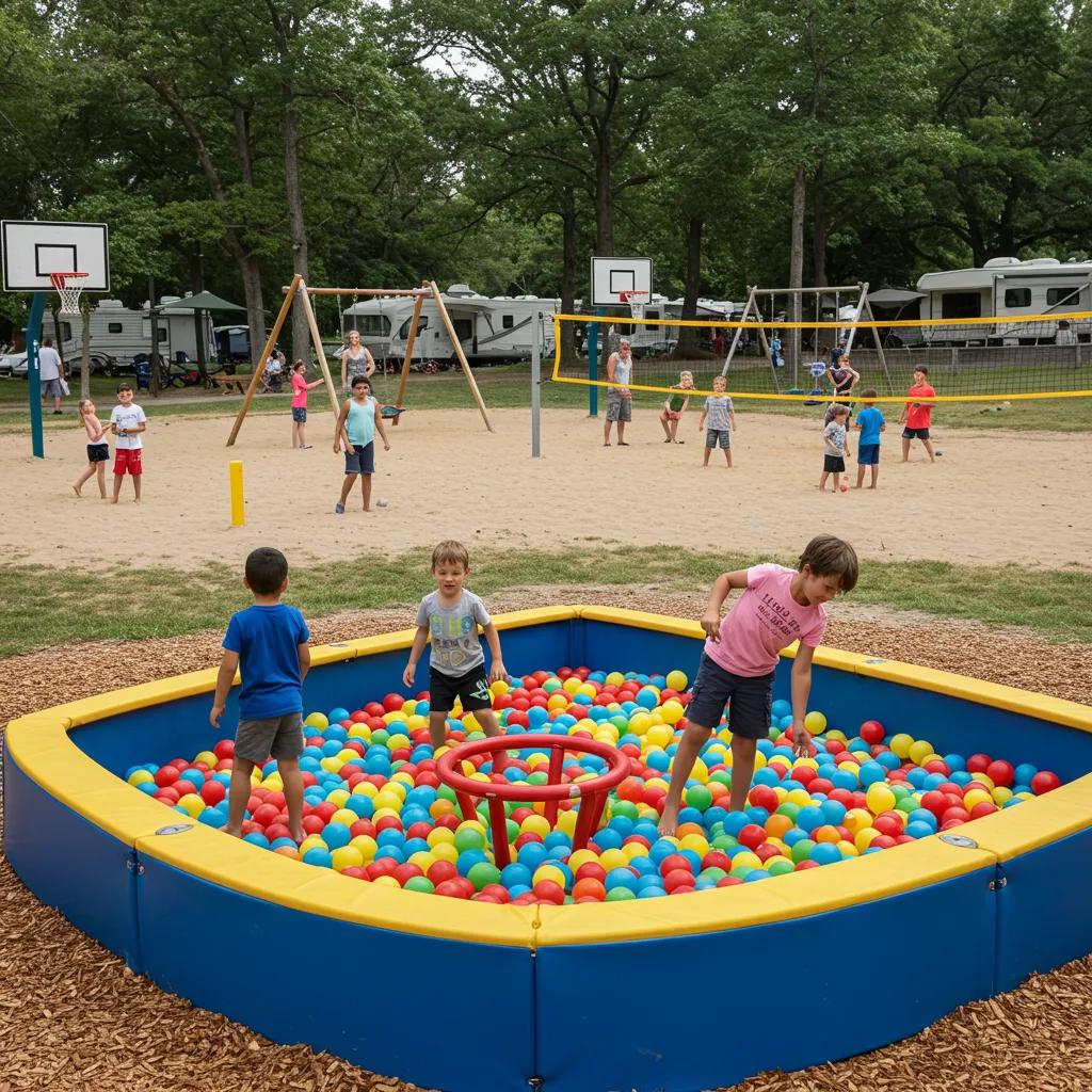 Children playing on playgrounds and families enjoying sports activities at a campground