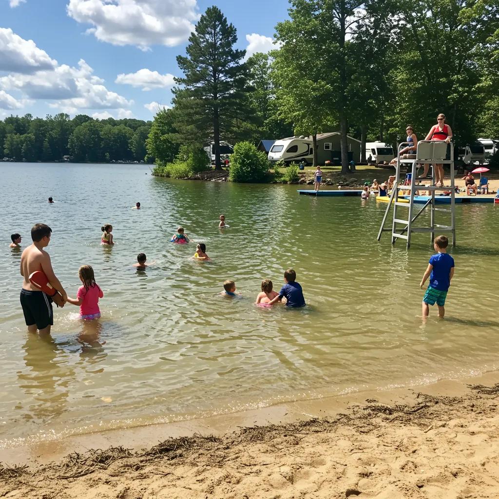 Children swimming and playing in a lake at a family-friendly campground