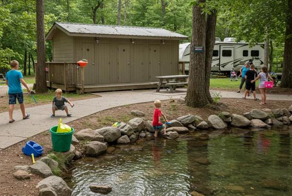Clean and safe Ohio campground with families enjoying outdoor activities