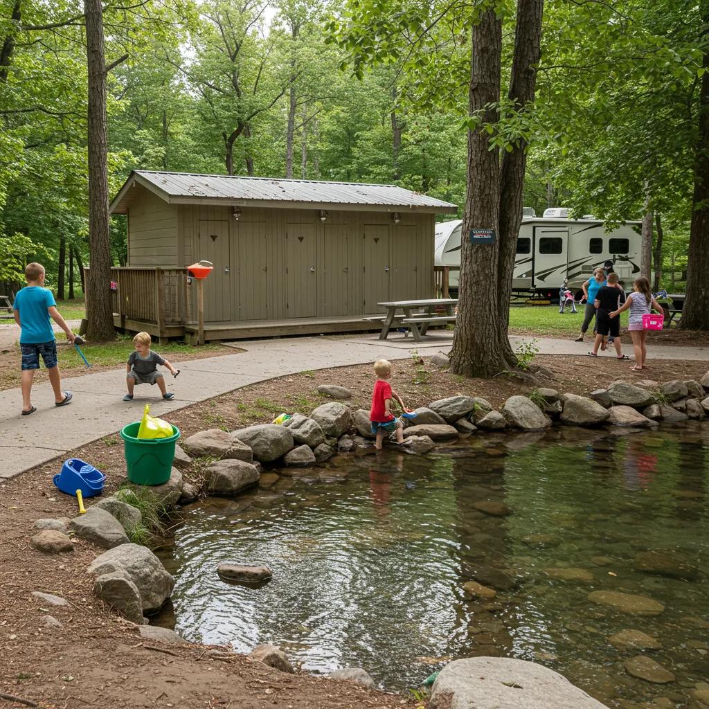 Clean and safe Ohio campground with families enjoying outdoor activities