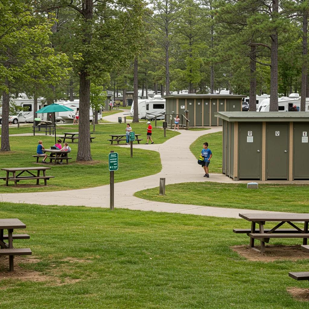 Clean and well-maintained campground facilities with families enjoying the outdoors