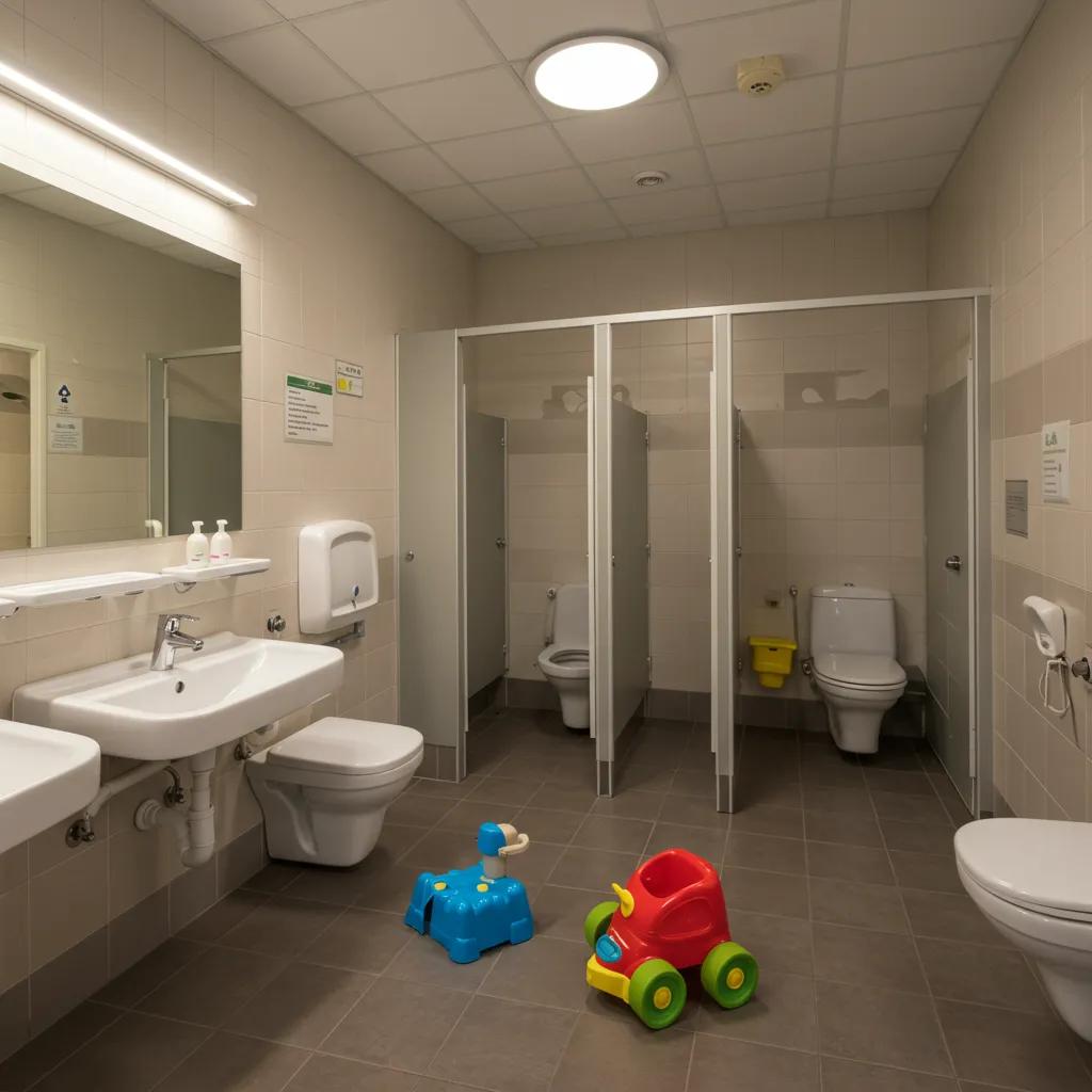 Clean family bathroom at a campground with child-friendly amenities for young children