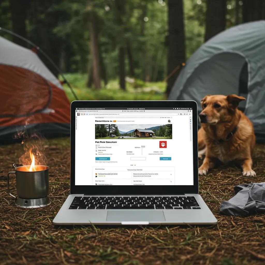 Close-up of campground reservation page displaying pet fees with a camping scene in the background
