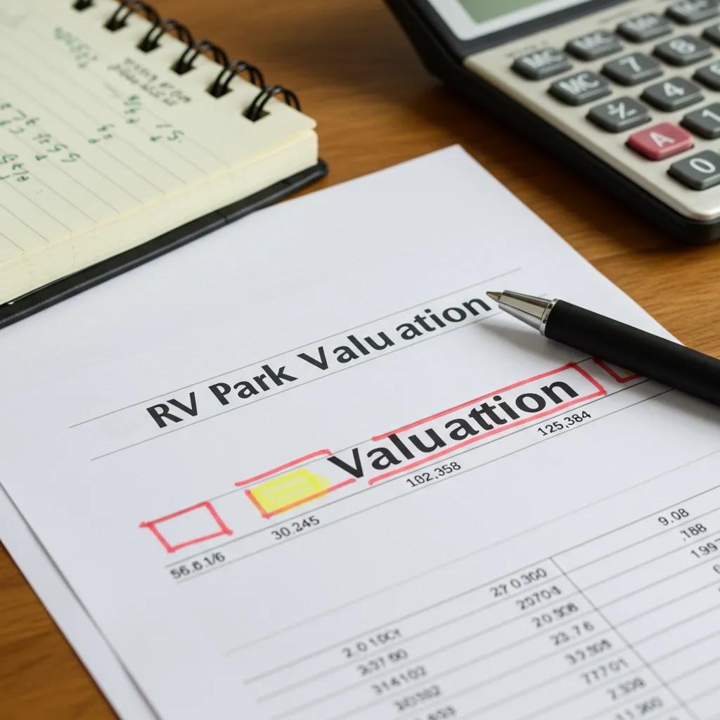 Close-up of financial documents and a calculator representing RV park valuation metrics