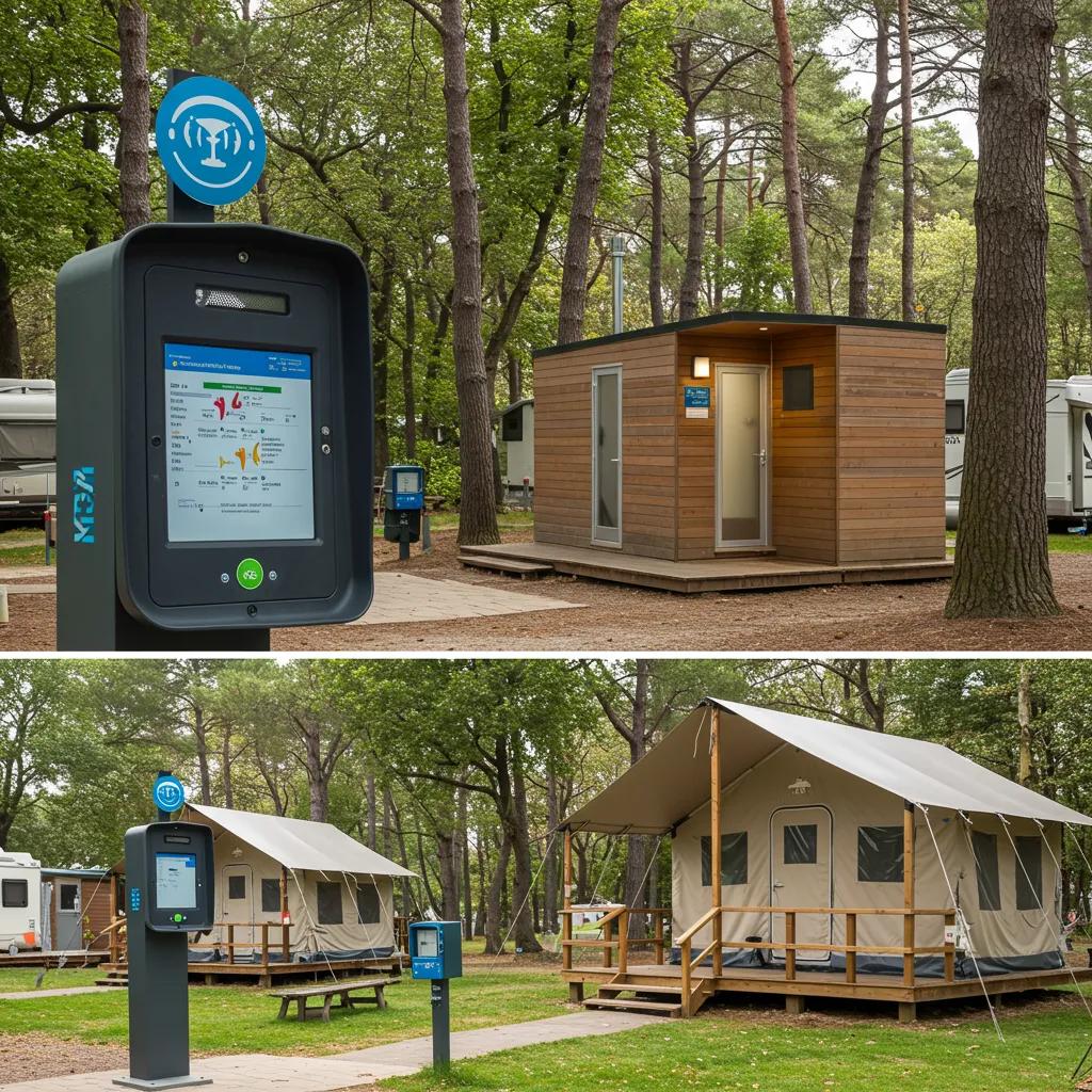 Close-up of modern campground amenities including high-speed internet and glamping tents