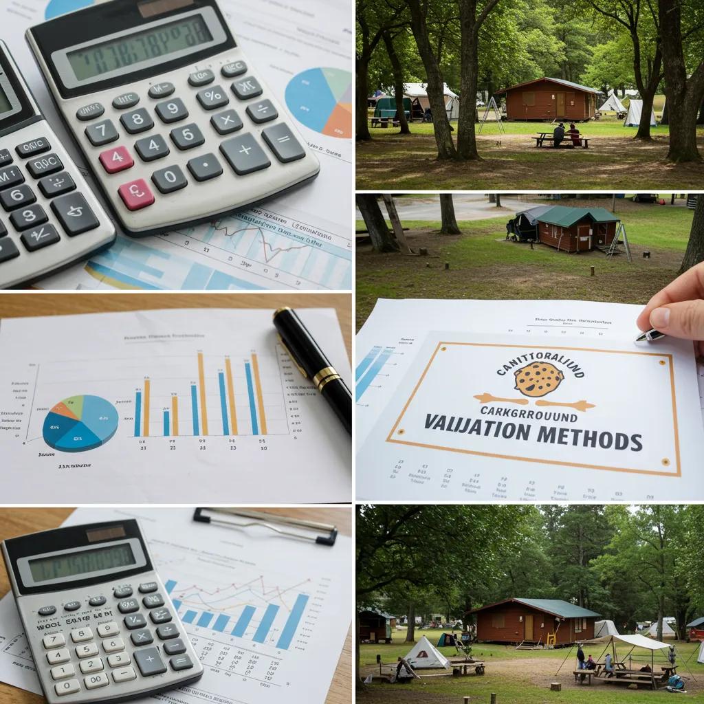 Collage of campground valuation methods including financial documents and scenic views