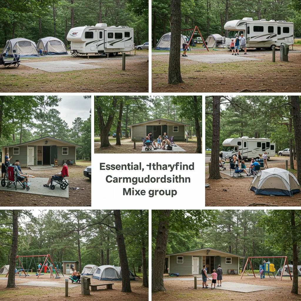 Collage of key amenities for mixed camping groups including RV and tent features