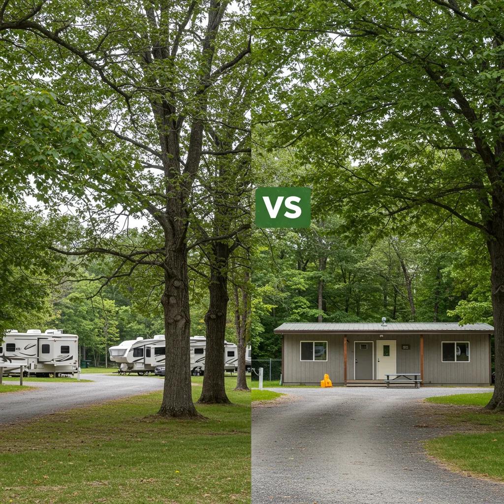 Comparison of established campground with mature trees and new campground with modern amenities