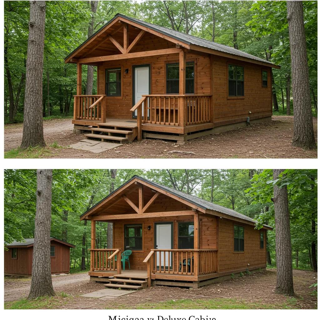 Comparison of rustic and deluxe cabins at Walnut Hills Family Campground, showcasing comfort and style