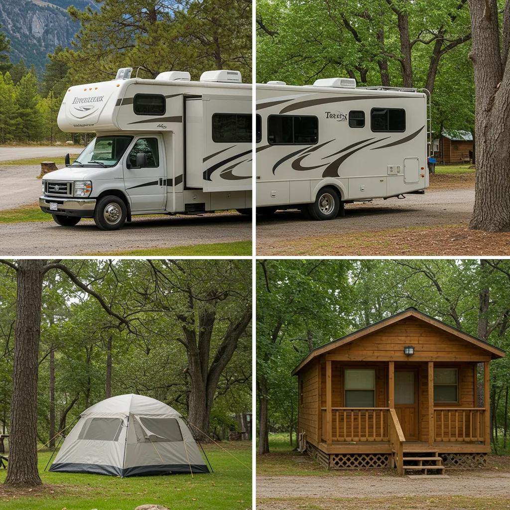 Comparison of RV, tent, and cabin accommodations in a campground, showcasing family camping options