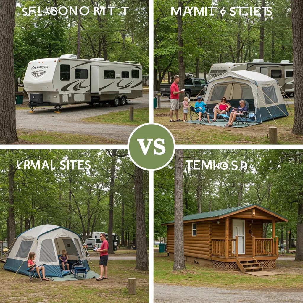 Comparison of RV, tent, and cabin camping options in a seasonal campground