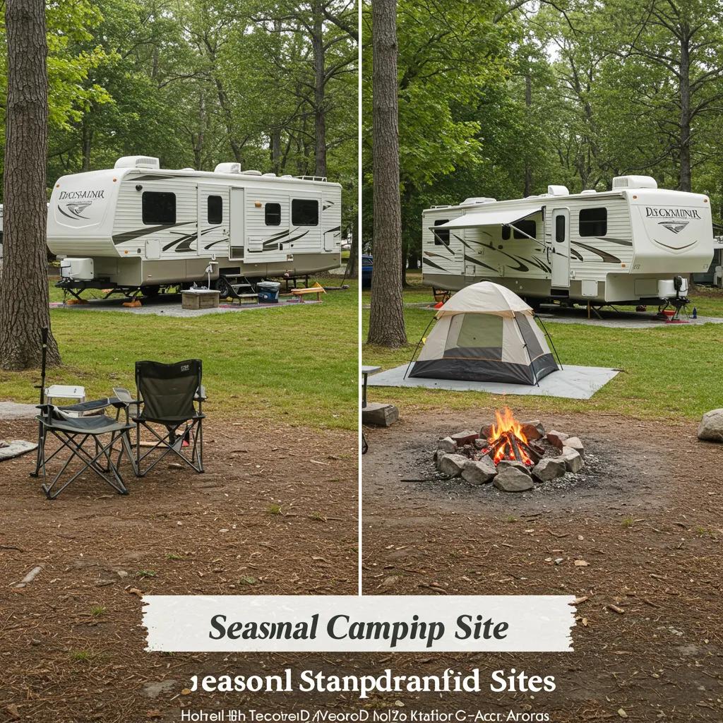 Comparison of seasonal and standard camping sites, showcasing RV amenities versus tent camping features