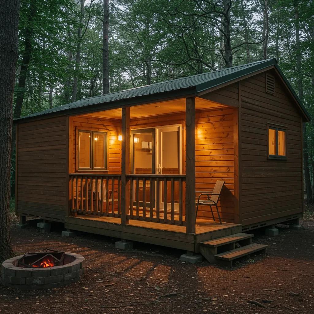 Cozy cabin nestled among trees at a campground, highlighting glamping comfort and outdoor access