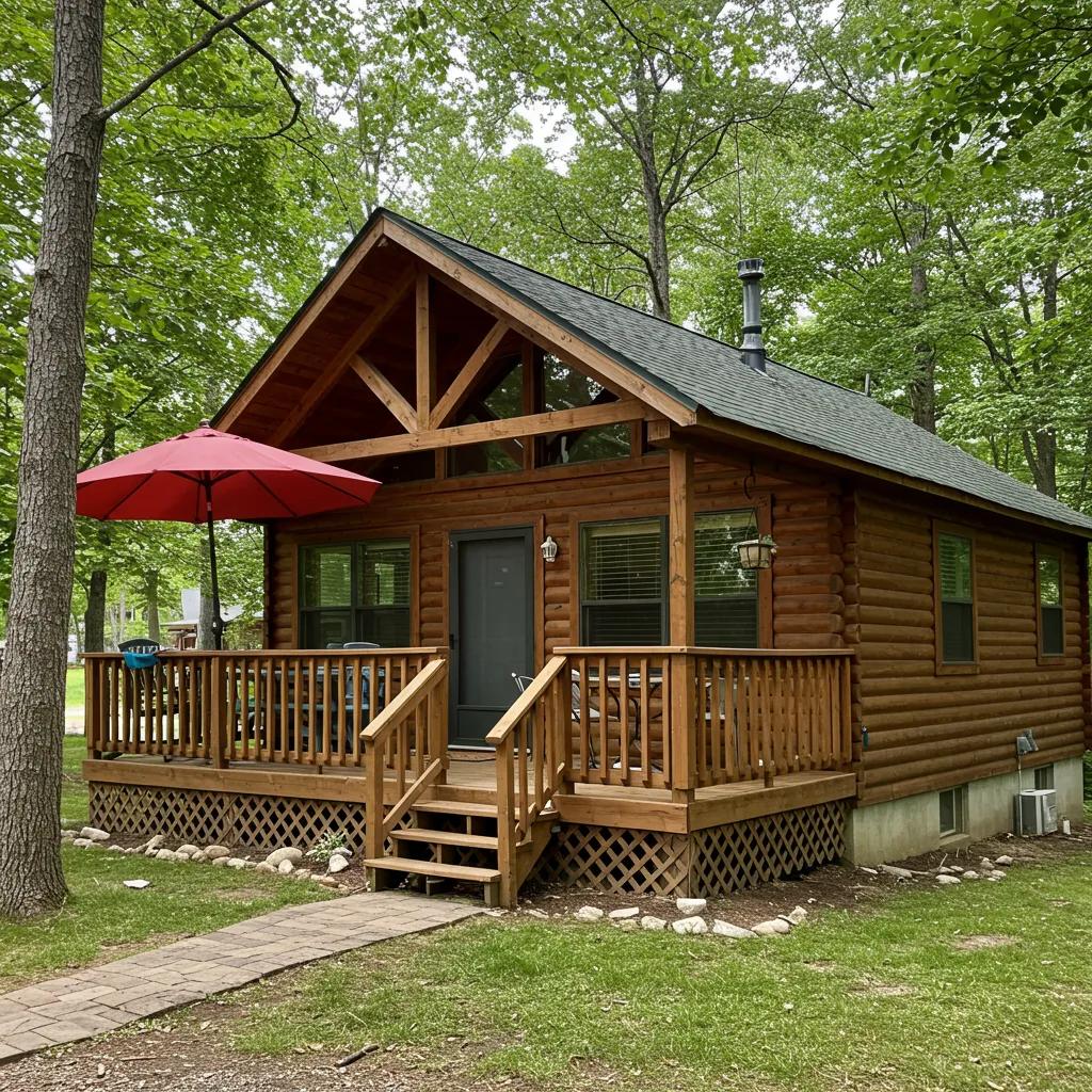 Cozy cabin in Michigan woods with family enjoying outdoor activities, emphasizing cabin rental experiences