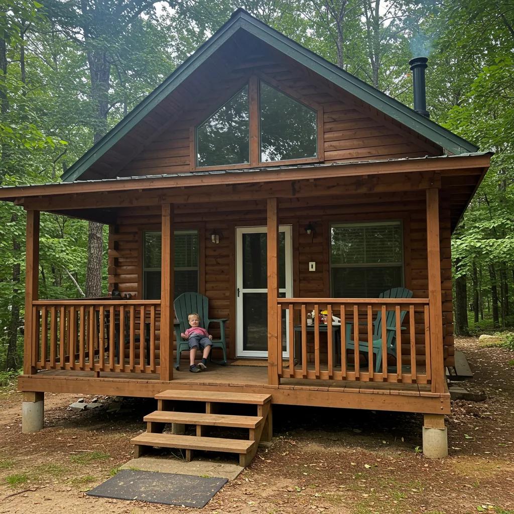 Cozy cabin rental in the woods with a family enjoying the outdoor space