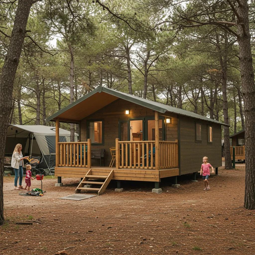 Cozy glamping cabin in a campground with a family enjoying outdoor activities