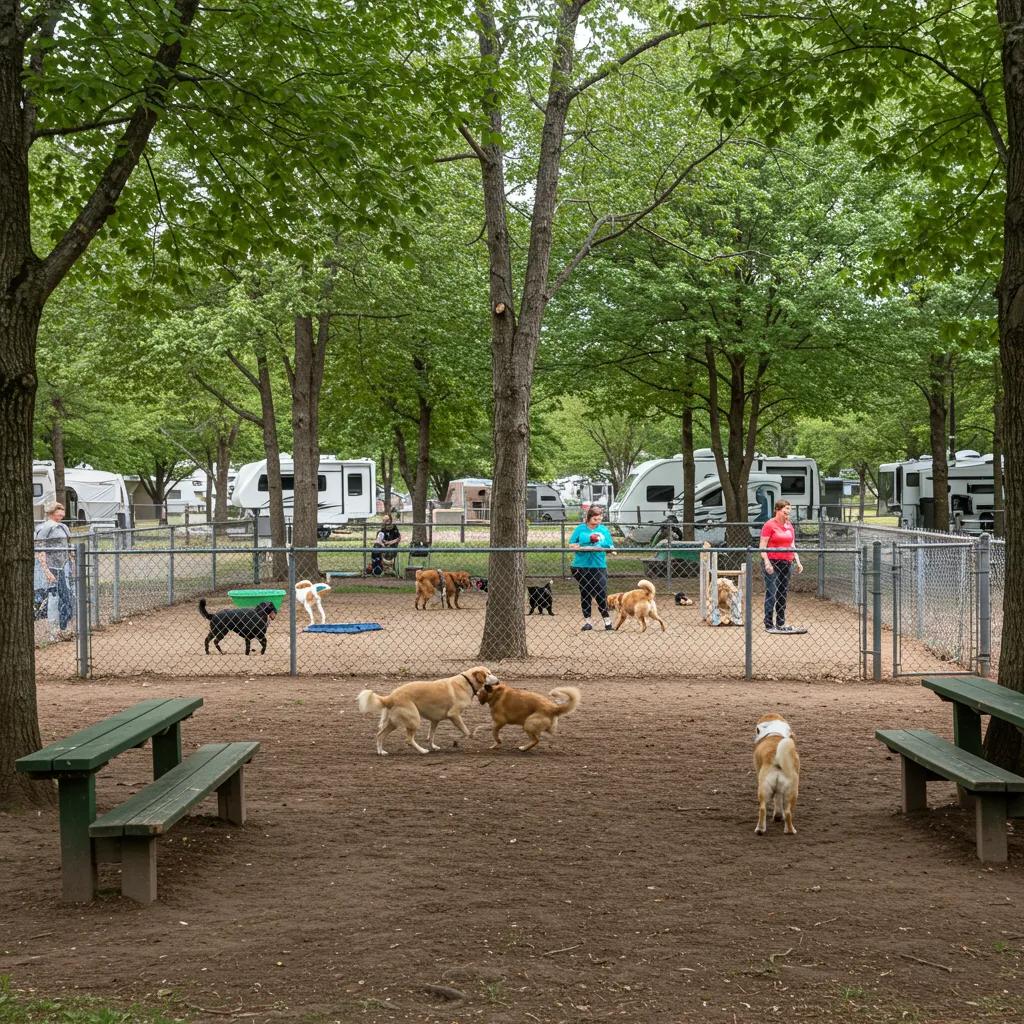 Dedicated dog park at a Michigan campground with dogs playing and owners interacting