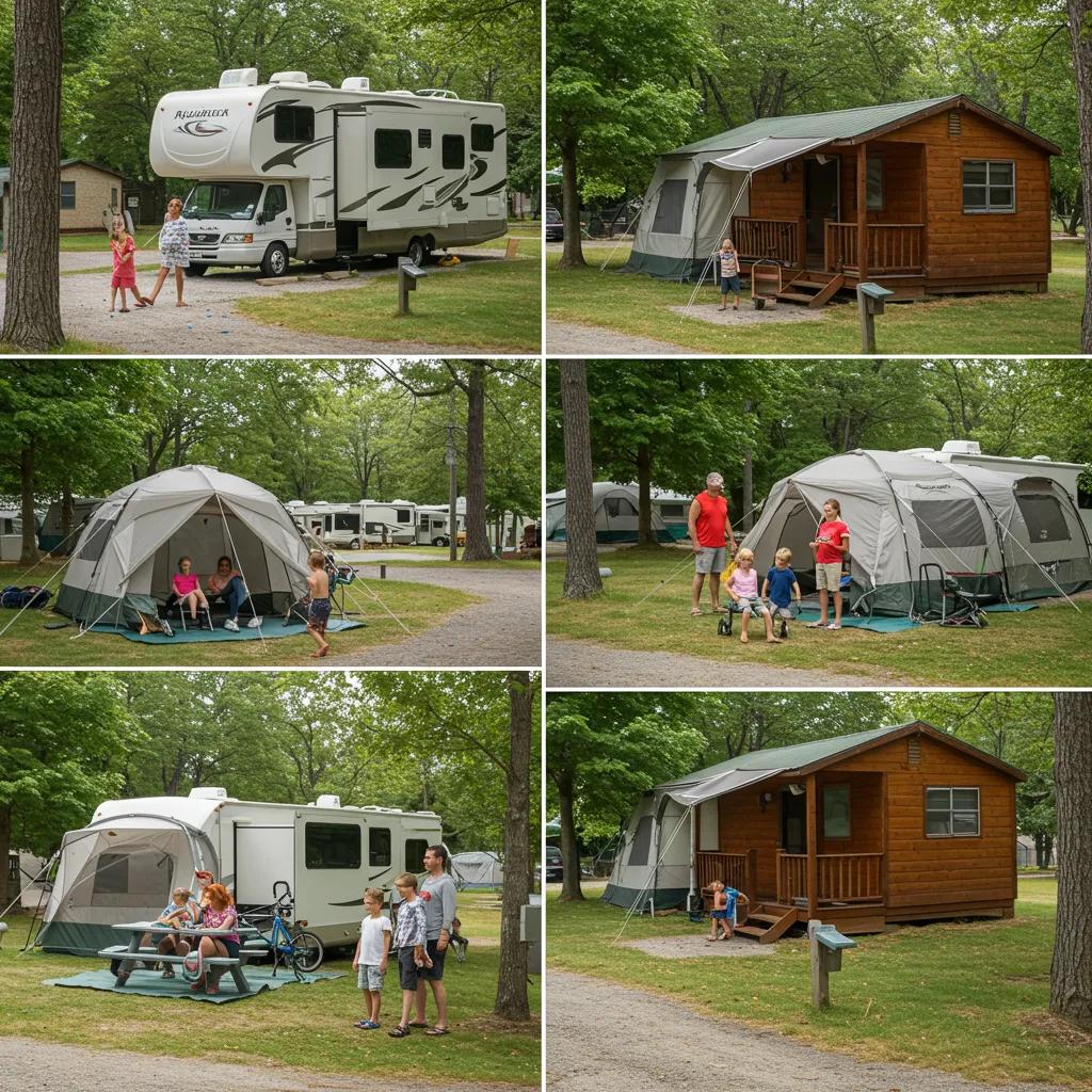 Different accommodation options at a Michigan family campground, featuring RVs, tents, and cabins for families