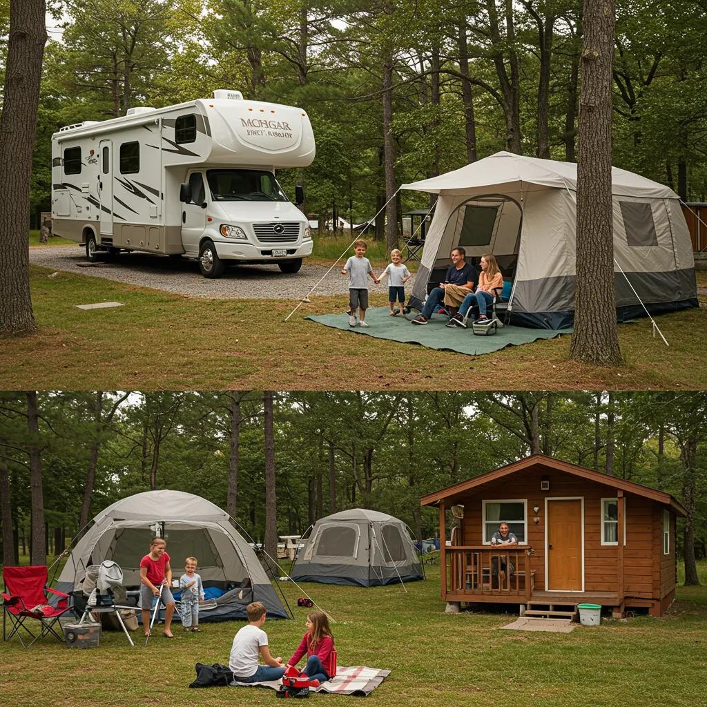 A collage showing different family camping accommodations: a modern RV, a classic tent setup, and a cozy cabin