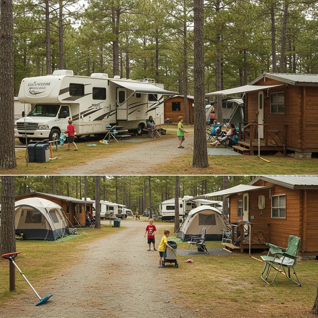 Different family accommodation options at a Michigan campground including RVs, tents, and cabins