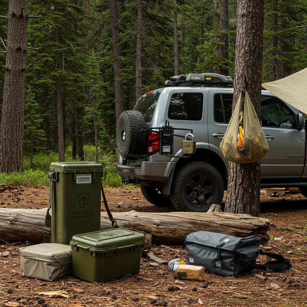 Different food storage methods for campers to prevent wildlife attraction, including bear canisters and locked vehicles