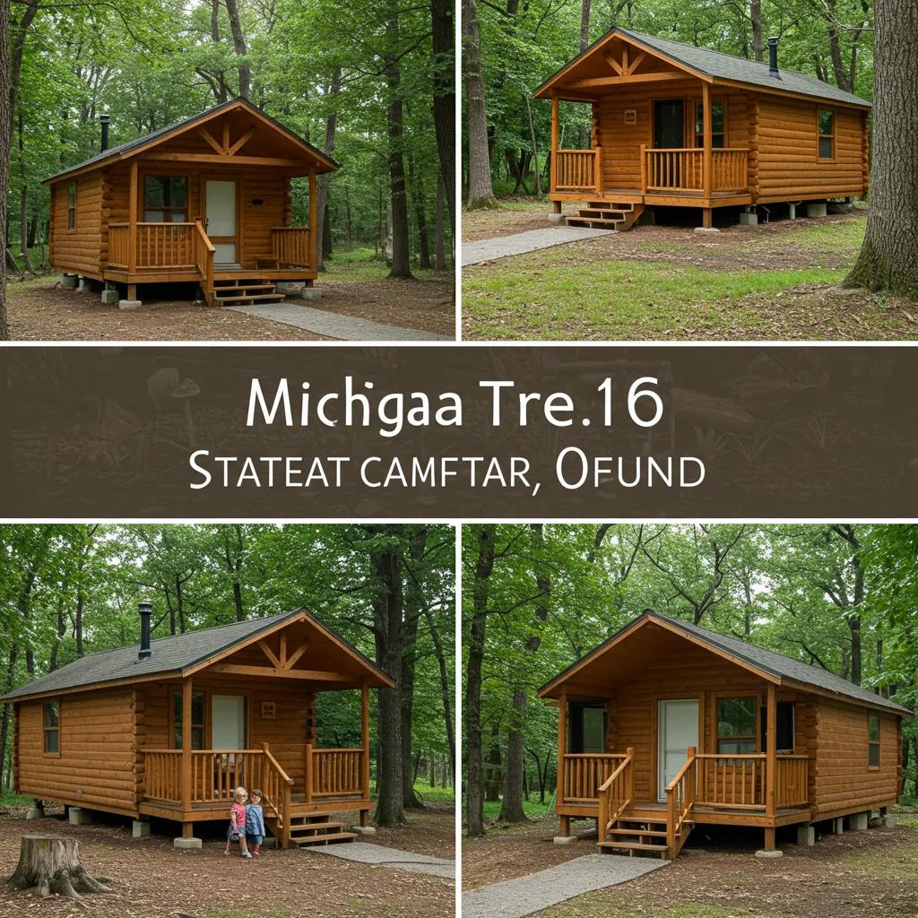A collage showcasing different cabin styles in Michigan campgrounds, including state park, private campground, and glamping options