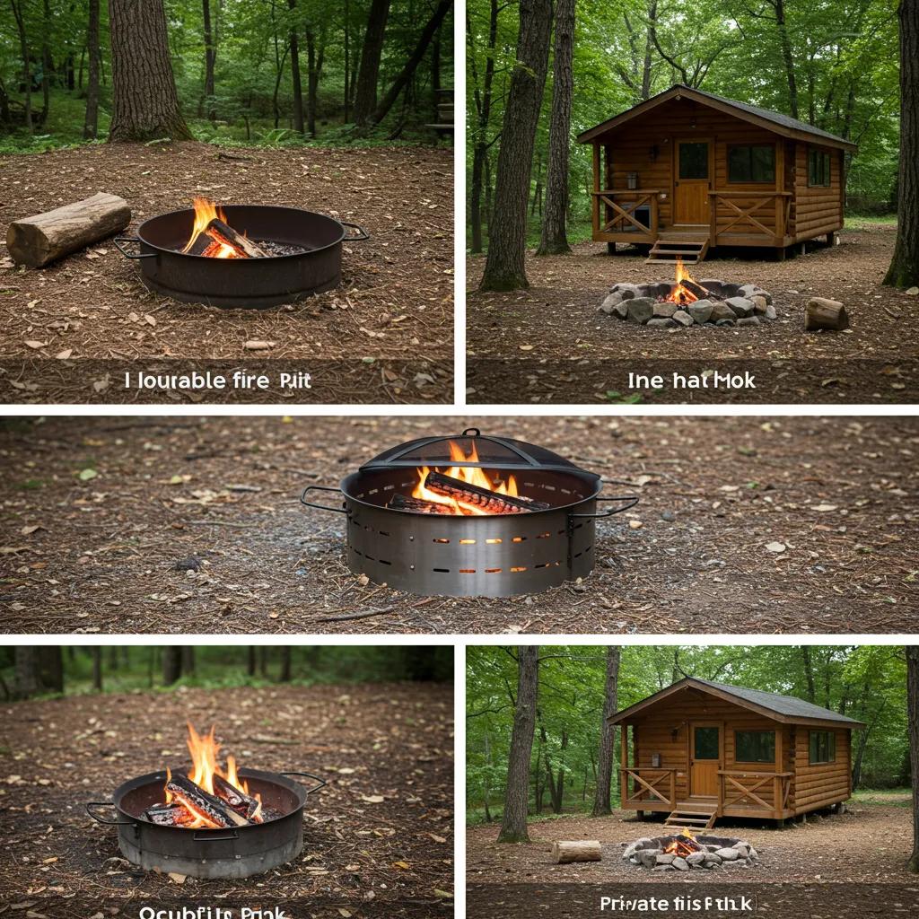 Different types of fire pits: in-ground fire ring, portable metal pit, and cabin-side pit