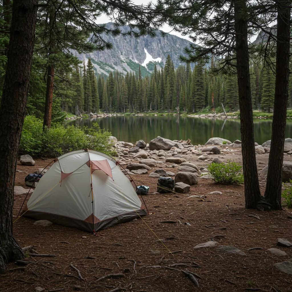 Dispersed camping site by a lake, highlighting the rules and beauty of dispersed camping permits