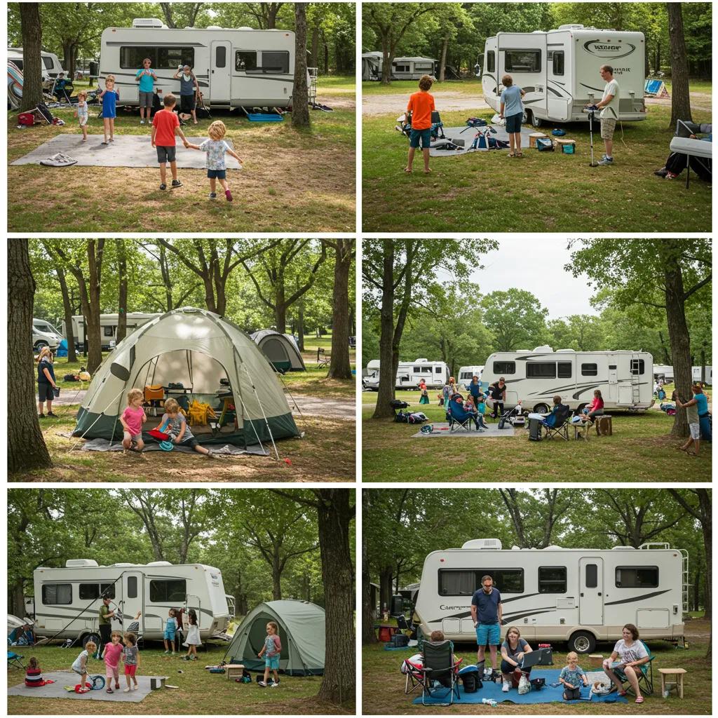 Diverse campers enjoying activities at a campground and RV resort, showcasing guest demographics