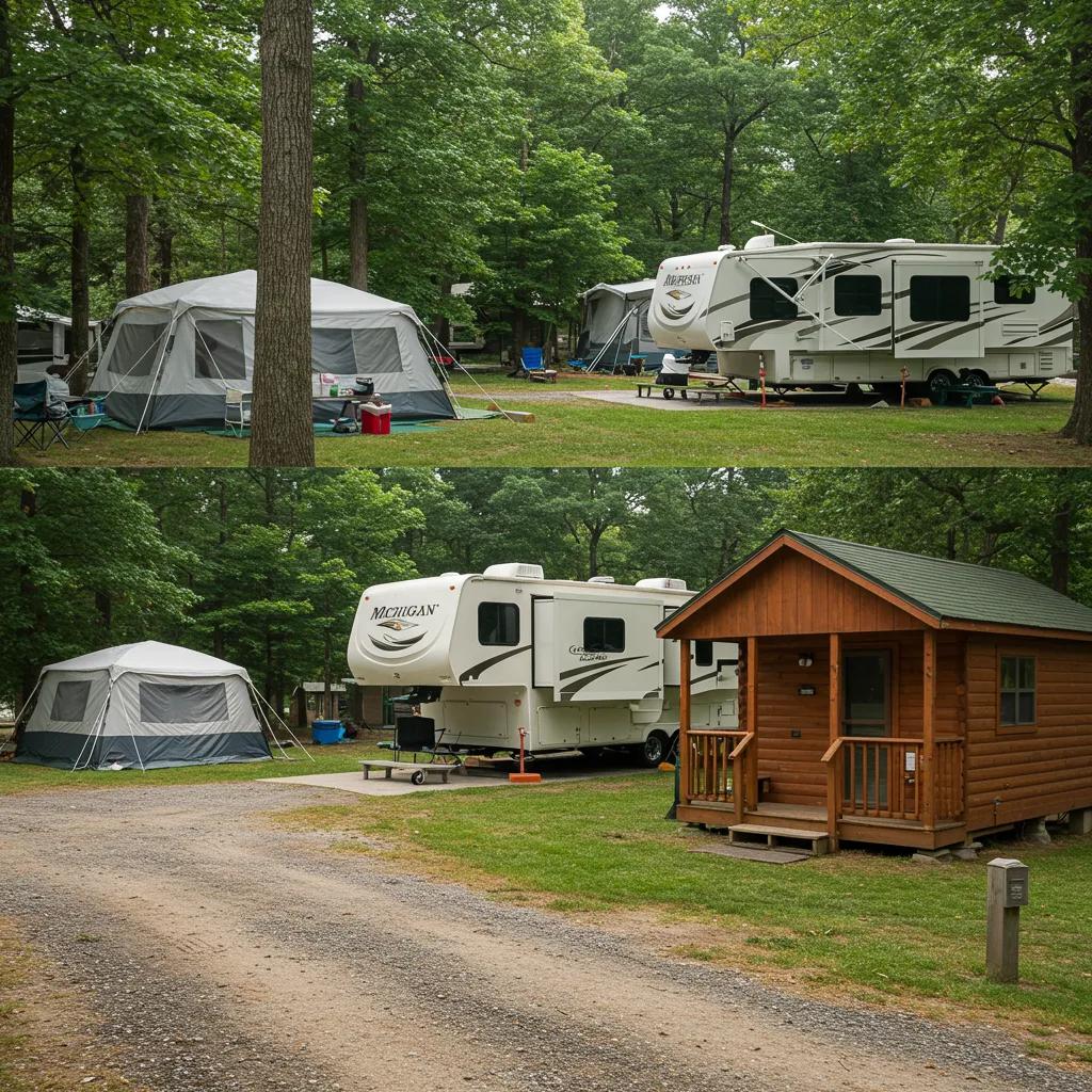 Diverse camping accommodations in Michigan, including tent sites, RVs, and cabins