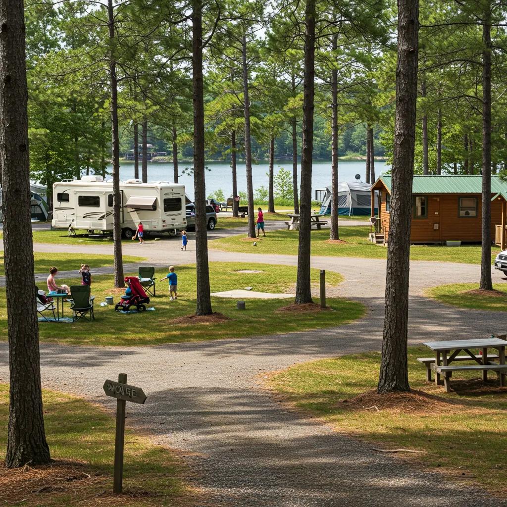 Diverse camping options at Walnut Hills Family Campground including RV sites, tent spots, and cabins in a natural setting
